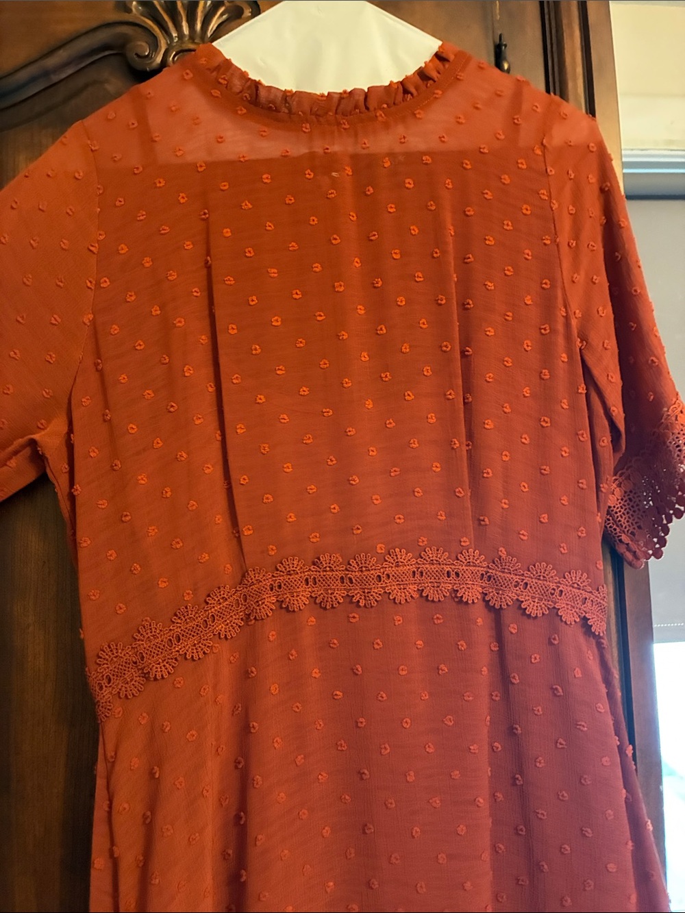 Lulu's Rust Orange Swiss Dot Short-Sleeve Tunic with Crochet Waist